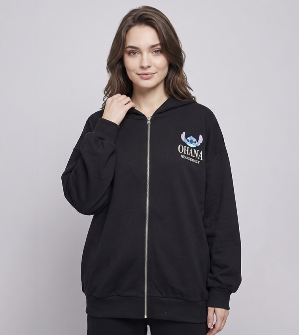 Stitch Printed Hooded Jacket with Zipper Closure