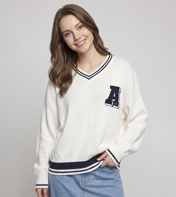 Embroidered Sweater with V-Neck and Long Sleeves