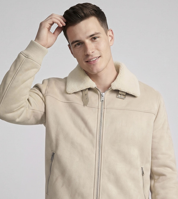 Fur Detail Collared Jacket with Zipper Closure