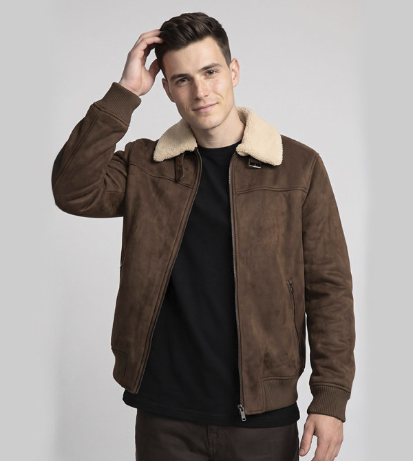 Fur Detail Collared Jacket with Zipper Closure