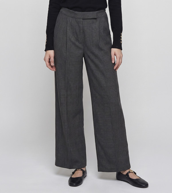 Textured Wide Leg Trousers with Button Closure