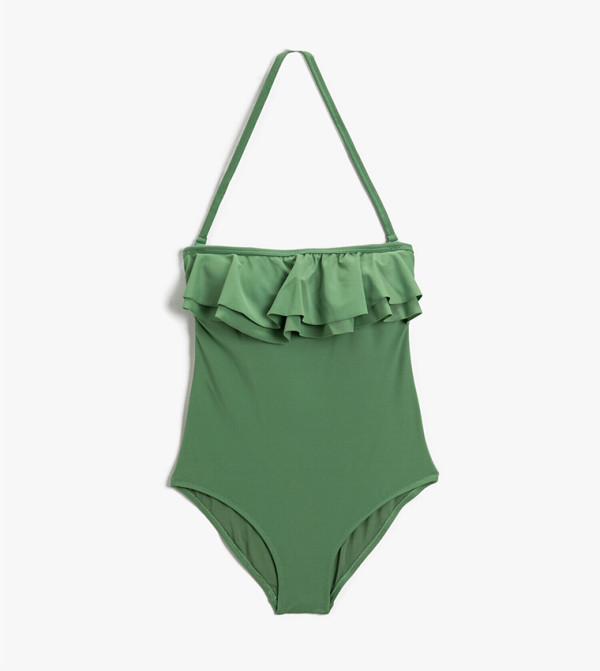 Solid Ruffle String Neck Swimsuit