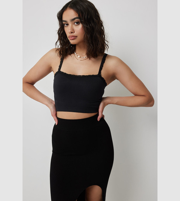 Lace Trim Ribbed Crop Top