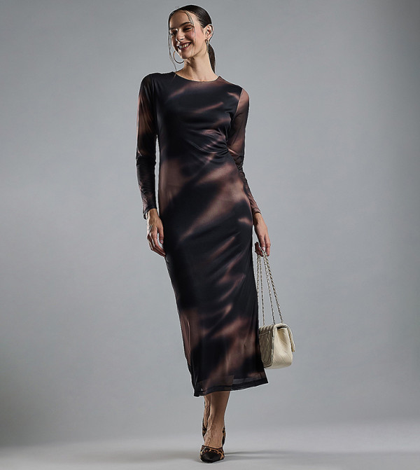 Patterned Bodycon Dress with Crew Neck and Long Sleeves