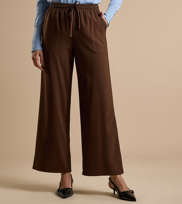 Solid Wide Keg Pants with Drawstring Waist