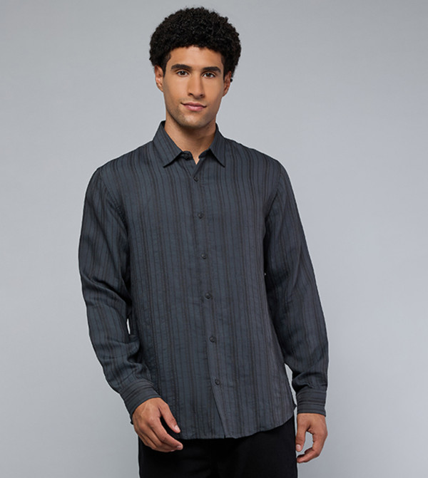 Textured Shirt with Classic Collar and Long Sleeves