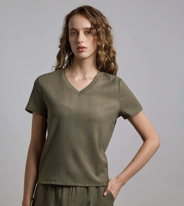 Textured Top with V-Neck and Short Sleeves