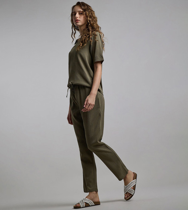 Textured Straight Fit Pants with Drawstring Waist