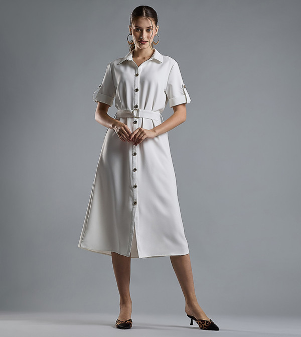 Solid Shirt Dress with Short Sleeves