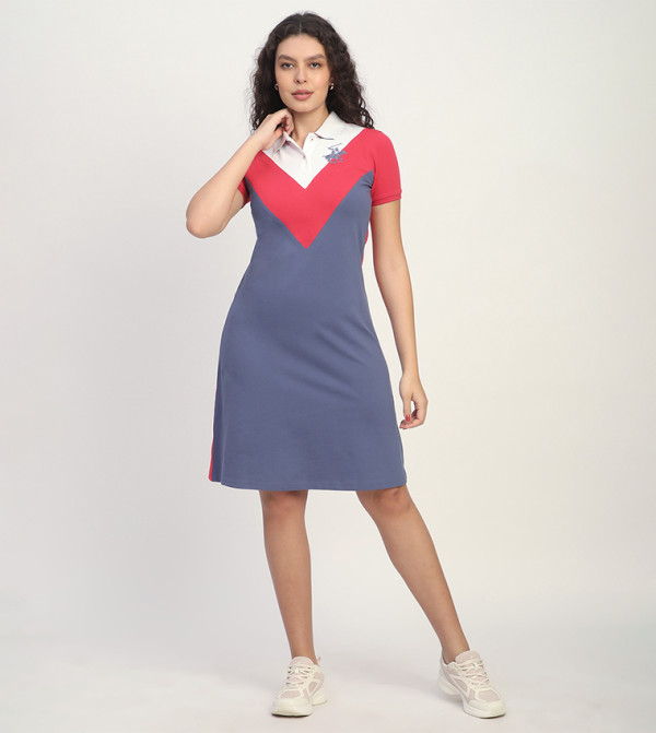 Colorblock Logo Embroidered Collared Mini Dress