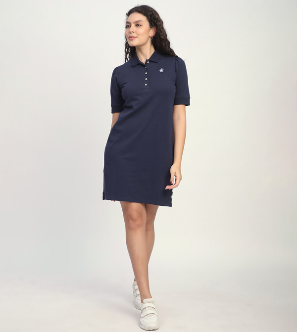 Solid Logo Embroidered Collared Mini Dress