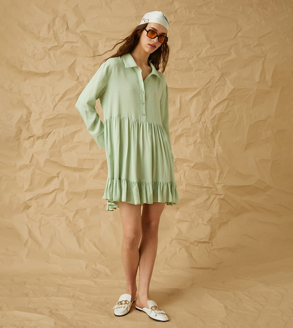 Solid Long Sleeves Frilly Mini Dress