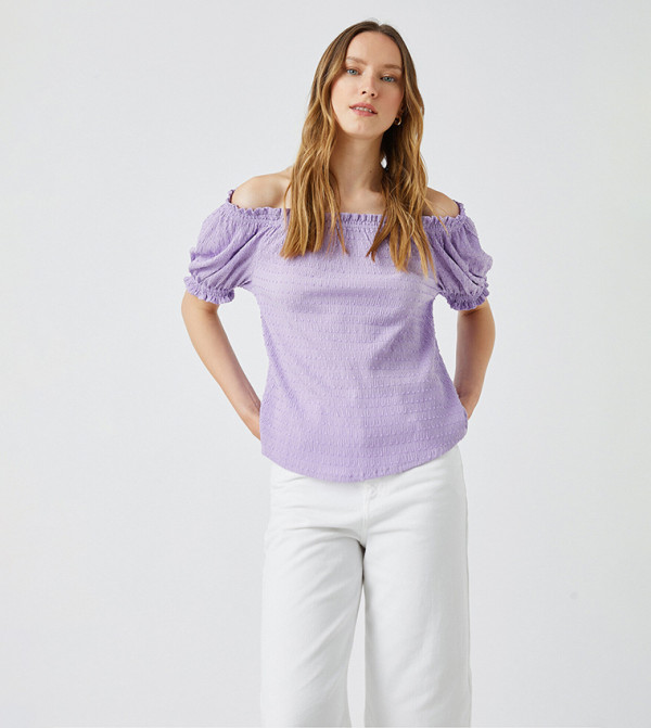 Textured Off Shoulder Puff Sleeves Top