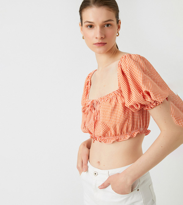 Plaid Square Neck Puff Sleeves Crop Top