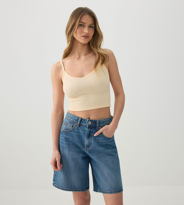 Ribbed V-Neck Cropped Top with Adjustable Strap