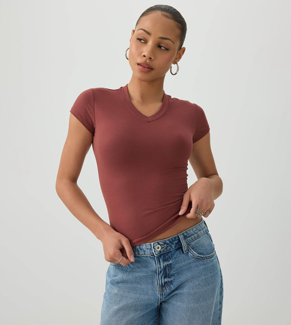 Solid V-Neck Crop T-Shirt
