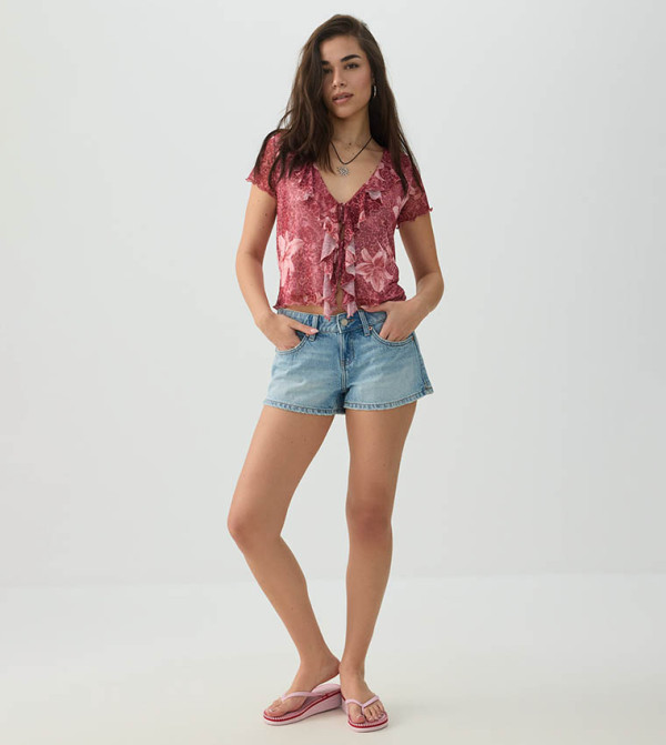 Floral Mesh Tie Front Top