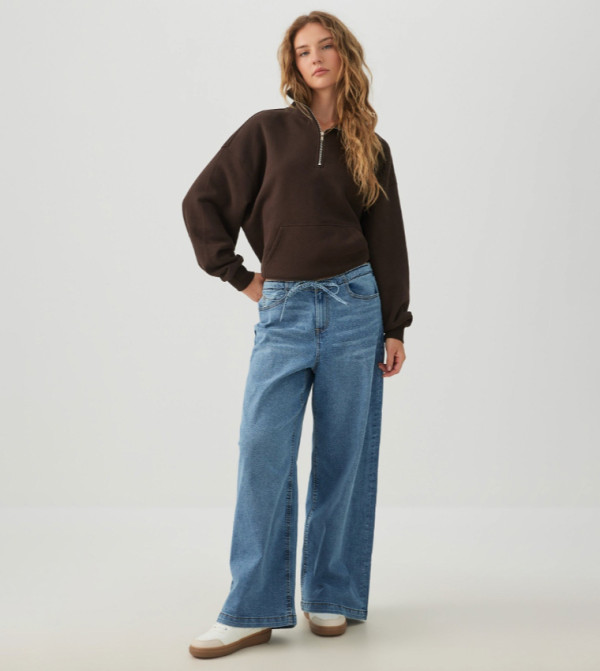 Low Rise Drawstring Waist Low Rise Wide Leg Jeans