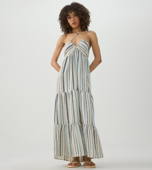 Striped Halterneck Tiered Maxi Dress