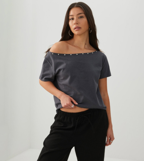 Studded Off Shoulder Cropped Top
