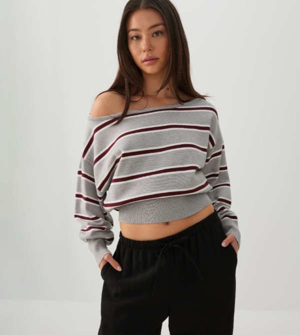 Striped Off Shoulder Crop Sweater Top
