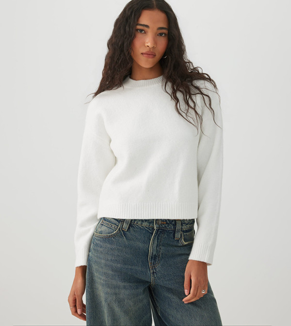 Solid Crew Neck Crop Sweater