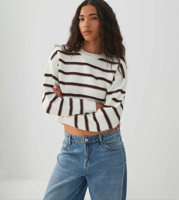 Striped Jacquard Crew Neck Crop Sweater