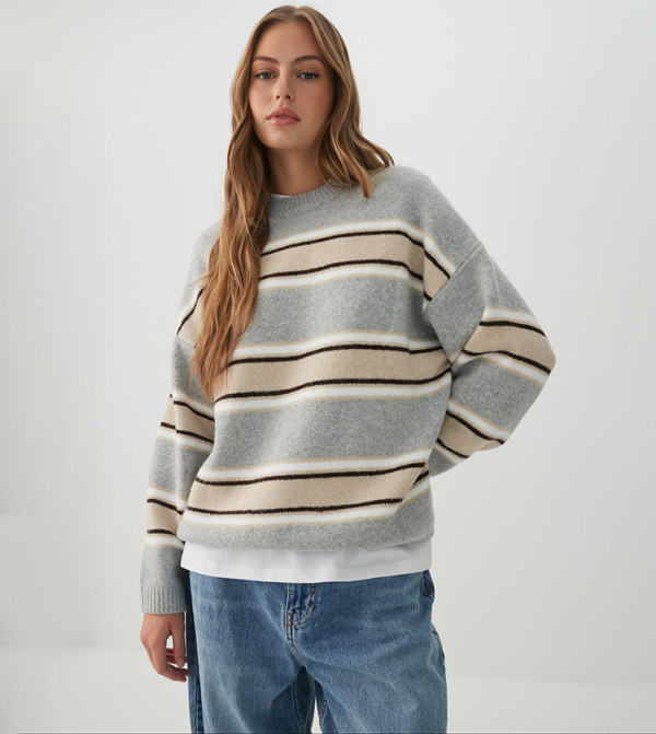 MODERAKNIT™ Striped Crew Neck Oversized Sweater