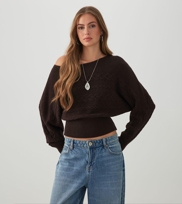 Cable Knit Asymmetric Neck Sweater