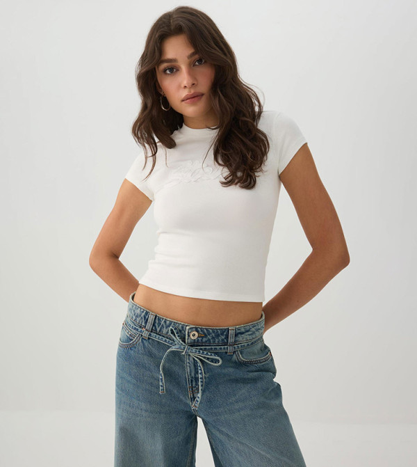 Embroidered Crew Neck Crop T-Shirt