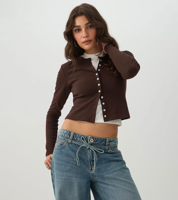 Brushed Rib Crew Neck Crop Cardigan