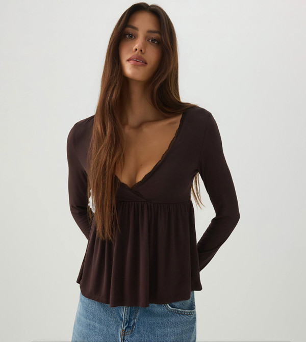 Lace Trim Long Sleeves A-Line Top