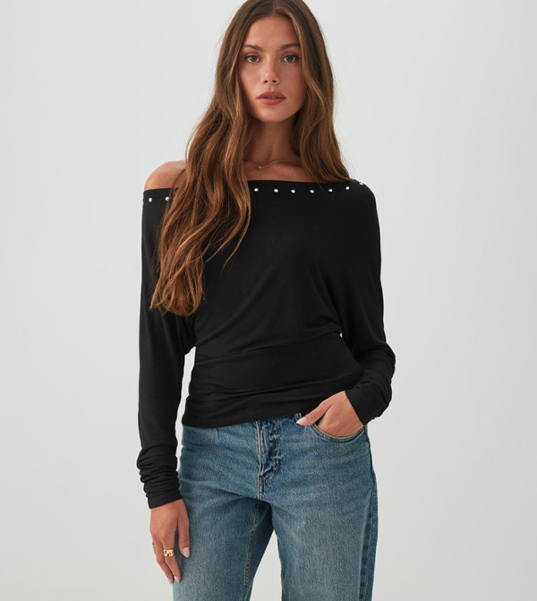 Studded Off-Shoulder Batwing Top