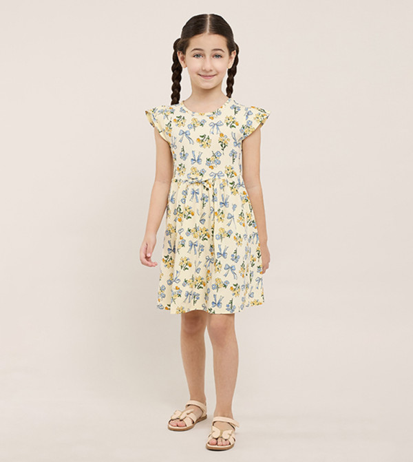 Printed Flared Dress with Crew Neck and Flutter Sleeves