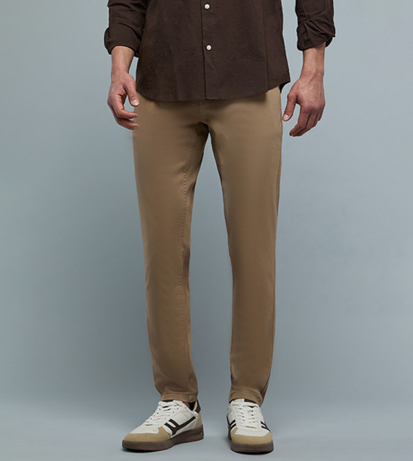 Solid Slim Fit Pants with Button Closure