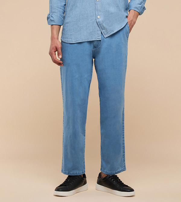 Washed Straight Denim Pants with Elastic Waist