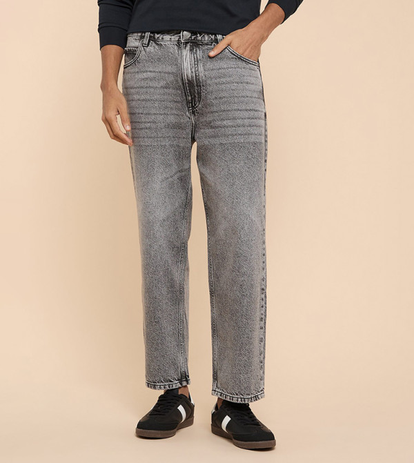 Washed Straight Fit Jeans with Button Closure