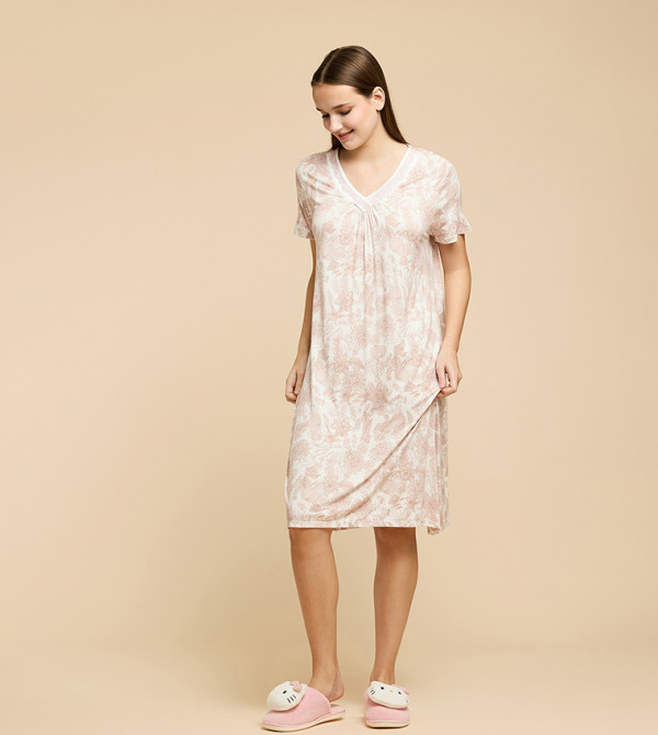 Printed Nightdress with V-Neck and Short Sleeves