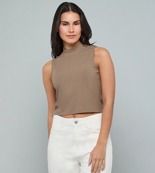 Ribbed Sleeveless Top with High Neck