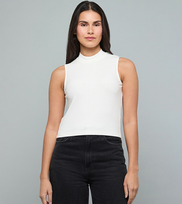 Ribbed Sleeveless Top with High Neck