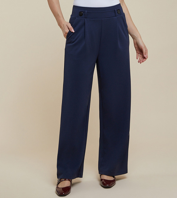 Solid Wide Leg Trousers with Button Closure