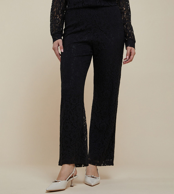 Lace Straight Fit Pants with Elastic Waist