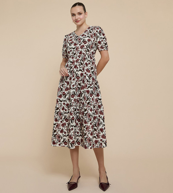 Floral Print Midi Dress with V-Neck and Puff Sleeves