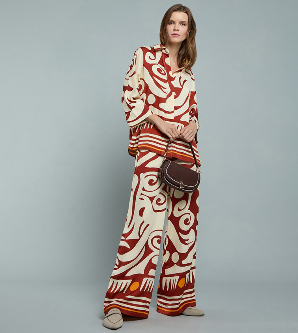 Patterned Satin Wide Leg Pants with Drawstring Waist