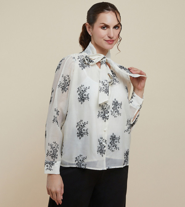 Embroidered Top with Tie-Up Neck and Long Sleeves