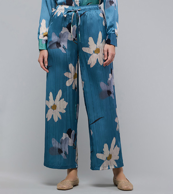 Floral Print Wide Leg Pants with Drawstring Waist