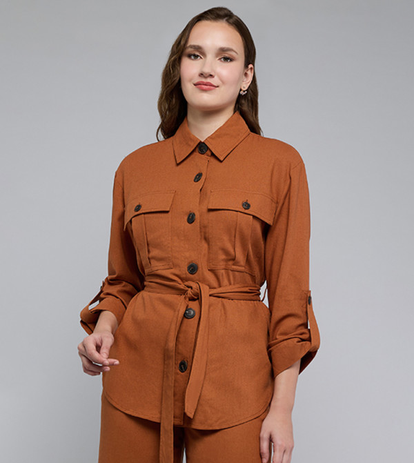 Solid Shirt with Classic Collar and Long Sleeves
