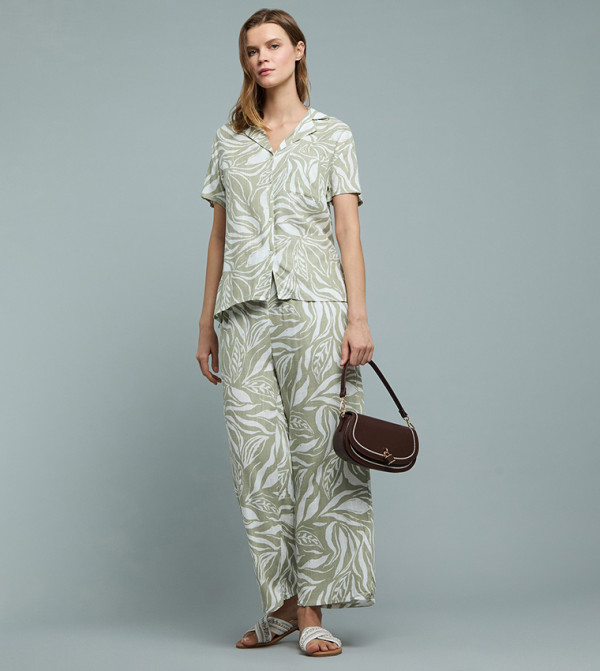 Patterned Linen Wide Leg Pants with Drawstring Waist