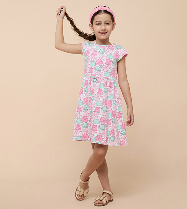 Printed Flared Dress with Crew neck and Short Sleeves