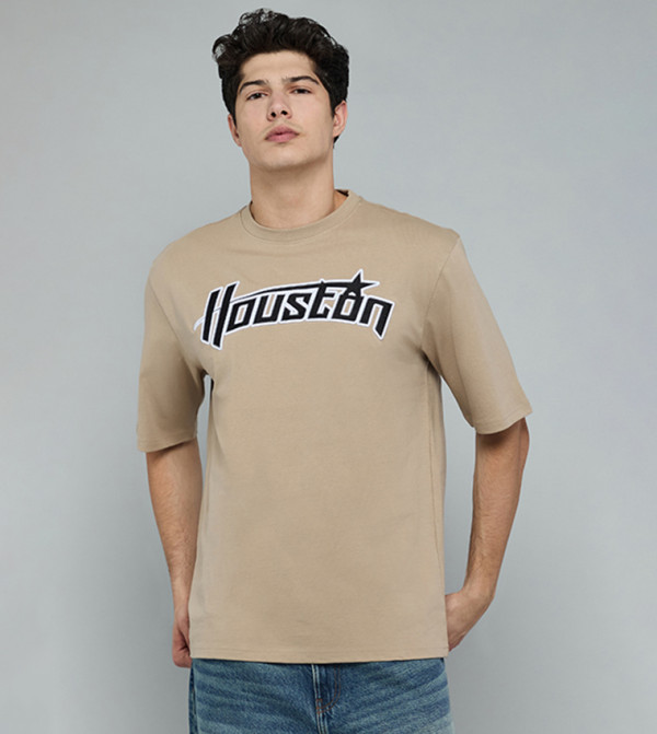 Typography Print T-Shirt with Crew Neck and Short Sleeves